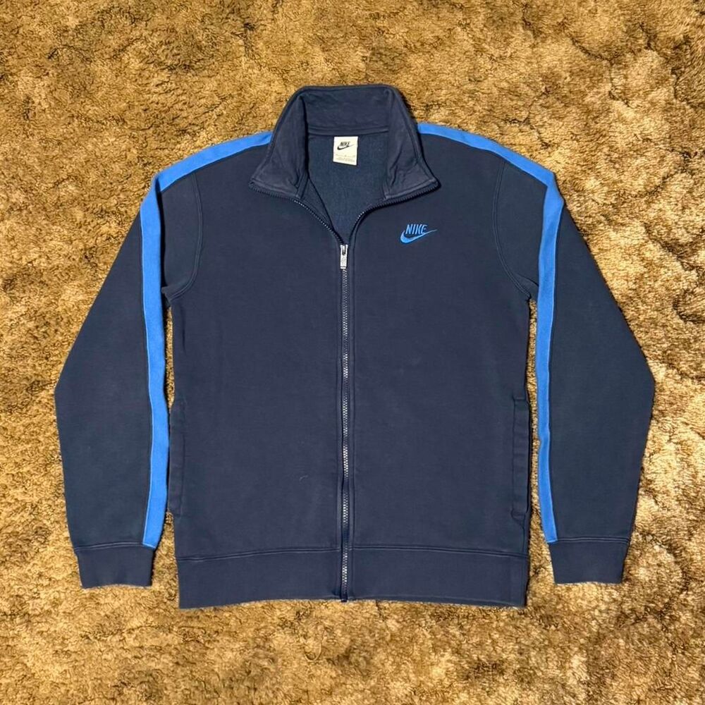 Vintage Y2K Nike Full Zip Track Jacket Navy Blue Stripe Swoosh Logo Small